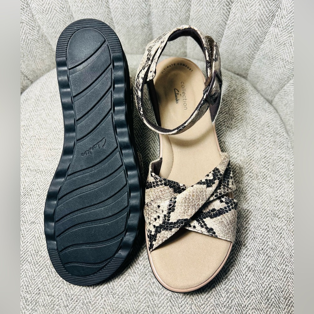 Clarks Snake-Print Ankle-Strap Sandal in Beige and Black